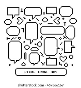 Pixel icons set with speech bubbles, hearts on white background 