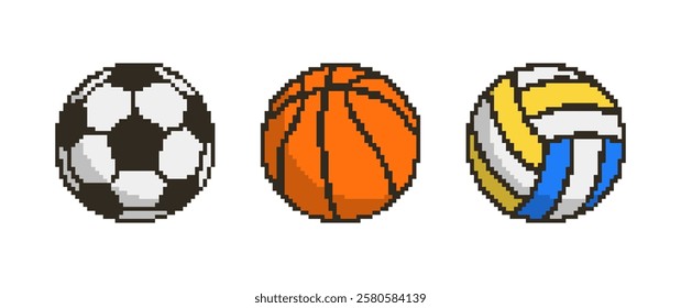 Pixel icons set of sports balls - football or soccer, basketball and volleyball. Pixelated ball collection. Pixel art sports equipment. 8-bit retro style. Vector illustration.