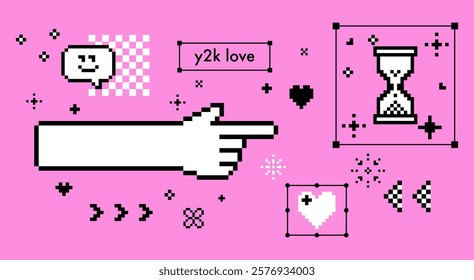 Pixel icons set. Y2k trendy stickers. Mood of 90s. 8 bit retro style vector illustration. Pink background. Simple geometric pattern. Forefinger emoji. Long hand, arrow, heart. Game abstract elements 