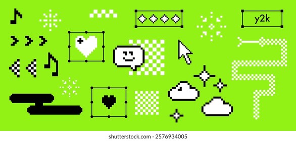 Pixel icons set. Y2k trendy stickers. Mood of 90s aesthetics. 8 bit retro style vector illustration. Acid green background. Simple geometric pattern. Snake, arrow, heart, cloud. Game abstract elements