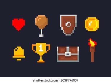 Pixel icons. treasure chest, sword, magic potion, red heart, fire torch, gold coin