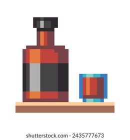 Pixel icons of a whiskey bottle with alcohol and a shot glass on a shelf, isolated vector illustration. Design for sticker, logo store, mobile app. 8-bit sprites have appeared.