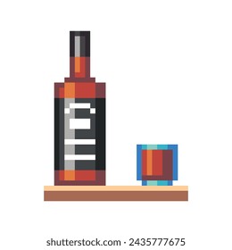 Iconos de píxeles de una botella de whisky con alcohol y un vaso de tiro en un estante, ilustración vectorial aislada. Diseño para la etiqueta engomada, tienda del logotipo, aplicación móvil. Han aparecido sprites de 8 bits.