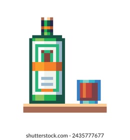 Pixel icons of a whiskey bottle with alcohol and a shot glass on a shelf, isolated vector illustration. Design for sticker, logo store, mobile app. 8-bit sprites have appeared.