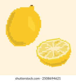 Pixel icons with a whole lemon and a lemon cut in half on a light background. Ideal for game and retro design, packaging, textiles and digital art projects.