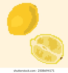 Pixel icons with a whole lemon and its half on a light background. Ideal for game and retro design, packaging, textiles and digital art projects.