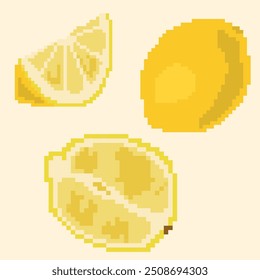 Pixel icons with whole lemon, half and quarter on a light background. Ideal for game and retro design, packaging, textiles and digital art projects.