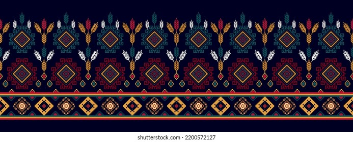 Pixel ikat ethnic seamless pattern design. Aztec fabric carpet boho mandalas textile decor wallpaper. Tribal native motif flower traditional embroidery vector illustrated background 