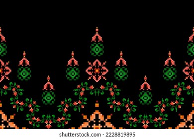 Pixel ikat etnia sin fisuras decoración de patrones. Moqueta de tela azteca con mandalas en la decoración textil papel tapiz. Ornamentos tribales nativos adornos Húngaro polaco Moravia tradicional diseño de vectores de bordado