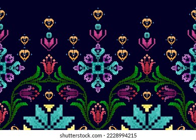 Pixel ikat ethnic seamless pattern decoration. Aztec fabric carpet boho mandalas textile decor wallpaper. Tribal native motif ornaments Hungarian polish Moravian traditional embroidery vector design