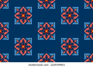 Pixel ikat ethnic seamless pattern decoration. Aztec fabric carpet boho mandalas textile decor wallpaper. Tribal native motif ornaments Hungarian polish Moravian traditional embroidery vector design