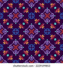 Pixel ikat ethnic seamless pattern decoration. Aztec fabric carpet boho mandalas textile decor wallpaper. Tribal native motif ornaments Hungarian polish Moravian traditional embroidery vector design
