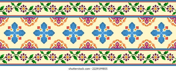 Pixel ikat ethnic seamless pattern decoration. Aztec fabric carpet boho mandalas textile decor wallpaper. Tribal native motif ornaments Hungarian polish Moravian traditional embroidery vector design