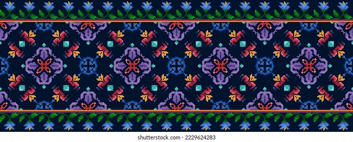 Pixel ikat ethnic seamless pattern decoration. Aztec fabric carpet boho mandalas textile decor wallpaper. Tribal native motif ornaments Hungarian polish Moravian traditional embroidery vector design