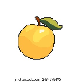 Pixel illustration of an apple on a white background. Bright apple in the style of old gaming technology. Apple with a leaf in pixel style. Vector