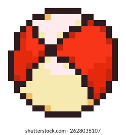Pixel illustration of a beach ball in red, yellow, and soft tones, inspired by retro 8-bit style. Ideal for summer, vacation, games, or nostalgic themes related to childhood and pixel aesthetics.