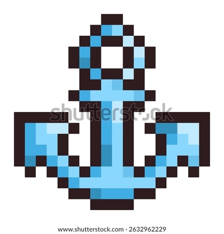  Pixel illustration of a blue anchor in retro 8-bit style. Perfect for summer, nautical, ocean, and marine-themed projects, as well as games, pixel collections, and seaside adventure content.