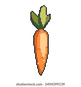 Pixel illustration of a carrot on a white background. Bright carrot in the style of old gaming technology. Carrot with leaves in pixel style. Vector