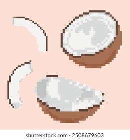 Ilustração em pixel de um coco cortado em fatias pequenas e meias. Ideal para projetos temáticos tropicais, arte digital, padrões, embalagens e projetos criativos.