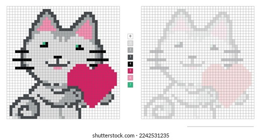 pixel illustration, cute gray cat with a heart in its paws, embroidery, coloring by cells for the development of children and adults, the development of counting, logic, motor skills and imagination