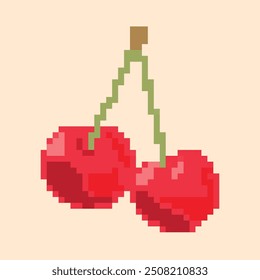 Ilustración de píxeles que representa una cereza roja clara con ramas sobre un fondo beige claro. Las cerezas vienen en un estilo retro bloque, por lo que esta pieza es perfecta para una variedad de proyectos creativos.