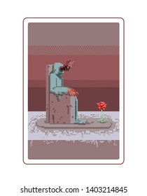 Pixel Illustration. The devil sits in a hell chair. flat design style minimal vector illustration