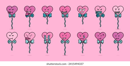 pixel illustration emoji pack of heart shaped balloons with ribbons and strings in various emotion of happiness, sadness, confusion, anger, shock, disbelief. Can be used for merchandise or stickers