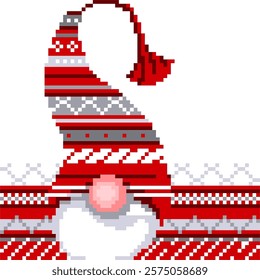 Pixel illustration. Festive background with gnome. Seamless background.