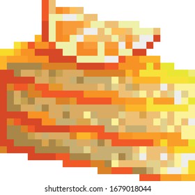 Pixel illustration of a festive cake for cards and print on fabric. Orange cake.  Sticker or video games. EPS 10


