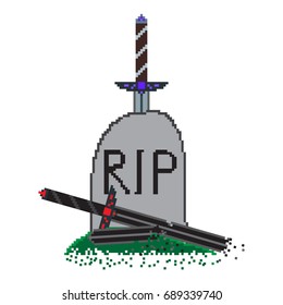 Pixel illustration for the game over screen with dark and light swords at the grave. Light sword stuck in a tombstone, dark sword is broken. Picture for computer or console game
