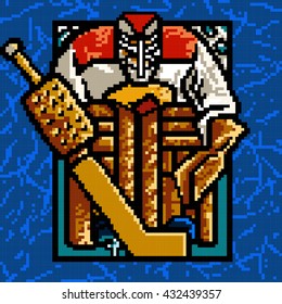 Pixel illustration of a hockey goalie standing square to the net ready to defend using goalie stick pads & catchers mit
