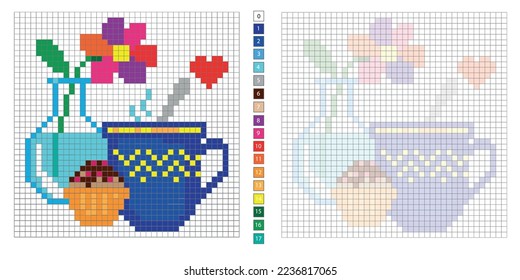 pixel illustration a hot cup of tea and a cupcake against the background of a vase with a flower, a butterfly, embroidery, coloring by cells for the development of children and adults, the development