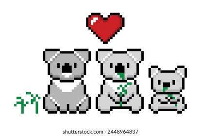 Pixel-Illustration der Koala-Familie sitzt und isst Eukalyptusblätter 