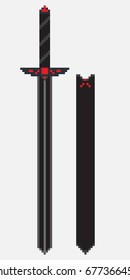 Pixel illustration with a large black two-handed sword and its scabbard. The set can be used to create icons or as an element of game design