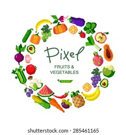 Pixel illustration on dark background. Organic food template. Vector illustration set of vegetables and fruits. Healthy eating vector concept with pixel vegetables. Isolated images.