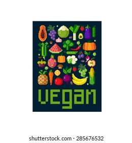 Pixel illustration. Organic food template. Vector illustration of set of vegetables and fruits. Healthy eating vector concept with pixel vegetables. Isolated images.