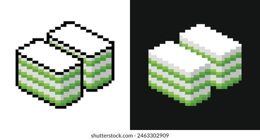 Pixel illustration of pandan coconut kuih lapis with and without line