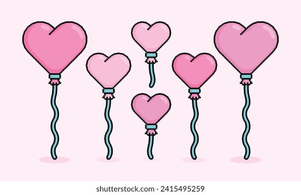 Pixel illustration of pink heart or love shaped balloons stringing and flying for February 14 event. Can be used for valentine merchandise, t shirt, sticker, banner, poster