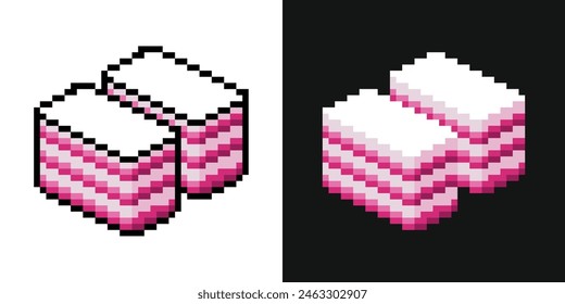 Pixel illustration of pink rose coconut kuih lapis with and without outline