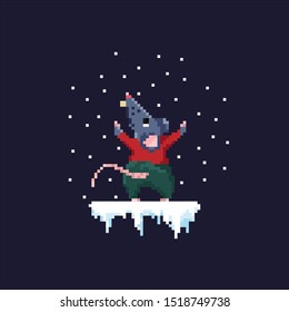 Pixel illustration. The rat enjoys the snowfall.