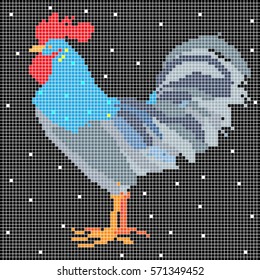 Pixel illustration of a rooster over a black background with white spots