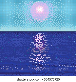 Pixel illustration of a seaside landscape composition with moon or sun
