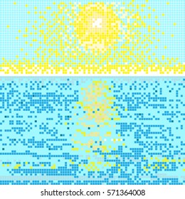 Pixel illustration of a seaside landscape composition with sun in the sky