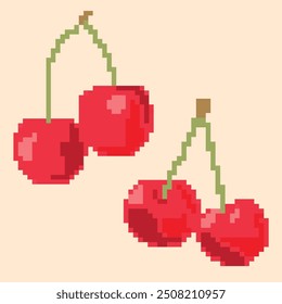 Ilustración de píxeles con un conjunto de cerezas rojas claras con ramas sobre un fondo beige claro. Las cerezas están hechas en un estilo de bloque retro, lo que hace que este trabajo sea ideal para una variedad de proyectos creativos.