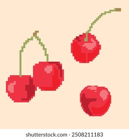 Ilustración de píxeles con un conjunto de cerezas rojas claras con y sin ramas sobre un fondo beige claro. Las cerezas vienen en un estilo retro blocky