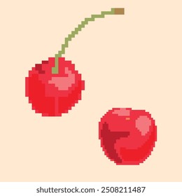 Ilustración de píxeles con un conjunto de dos cerezas rojas claras con y sin una rama sobre un fondo beige claro. Las cerezas vienen en un estilo retro blocky