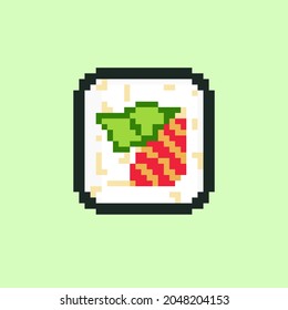 Pixel Illustration of a Sushi Roll. Salmon and Cucumber. Rice, Nori. Retro Simple Tile Art. Asian Food. Menu, Cafe and Delivery. Sign and Symbol