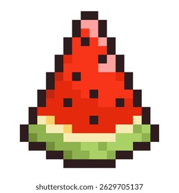 Pixel illustration of a watermelon slice with red flesh, black seeds, and green rind in retro 8-bit style. Perfect for summer, fruit, food, picnic, or nostalgic game-themed creative projects.