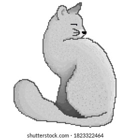Pixel illustration. white cat sits and looks away