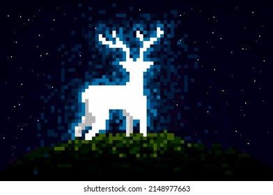 Pixel illustration of wild deer. Beautiful design of magic animal for kids. Fanny drawing. 